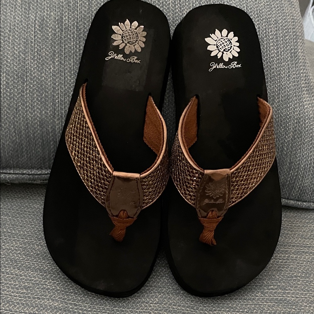 Yellow Box Black and Tan Flip Flops